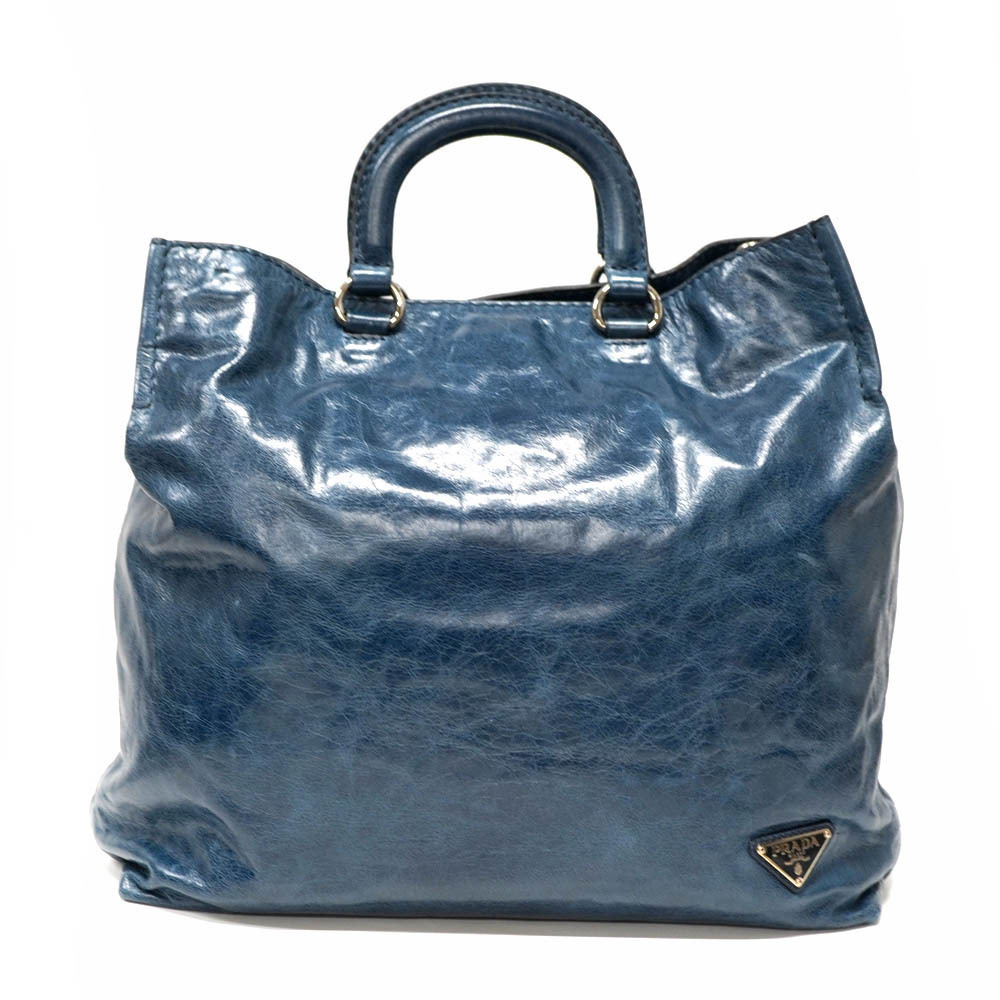 Prada Vitello Shine Tote Shoulder Bag Blue